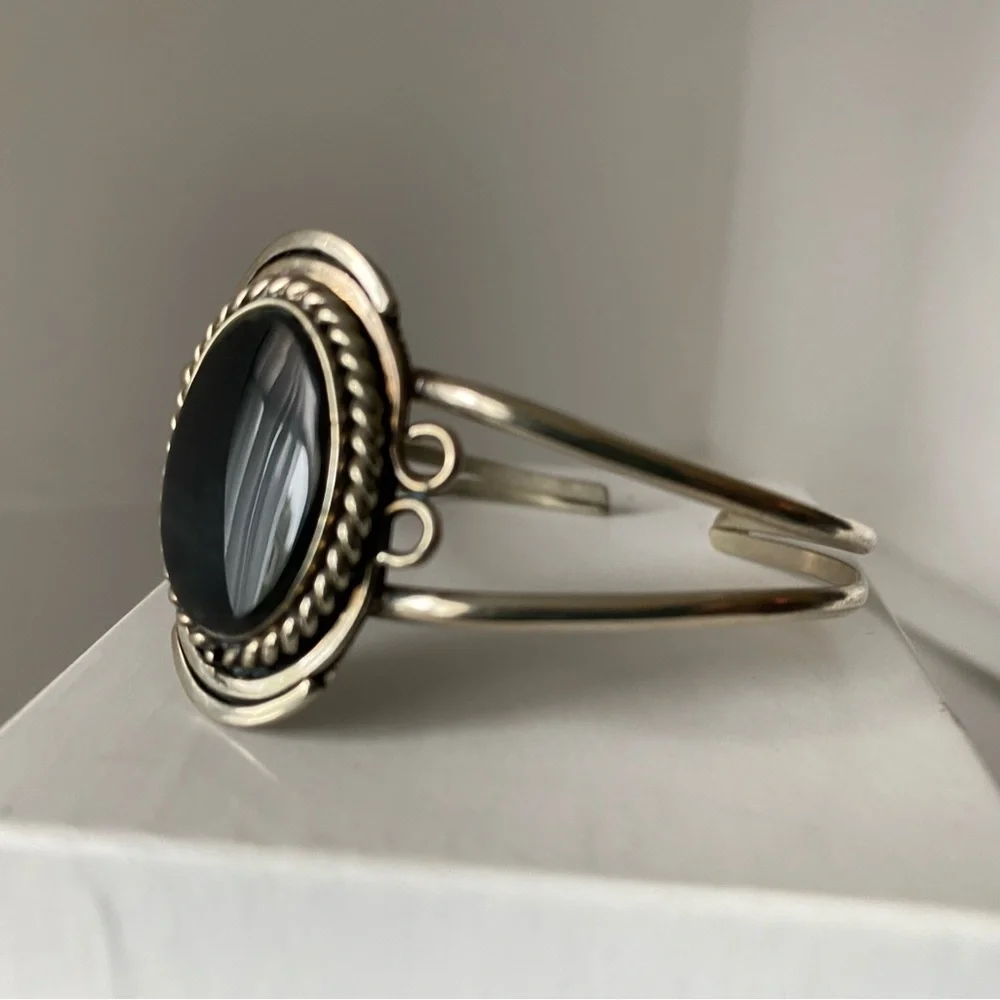 Silver Cuff Bracelet with Black Stone - Native, Unique - Picture 7 of 11